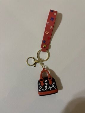 Designer Inspired Red Strap Keychain with Brown Mini Bag Charm